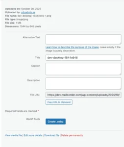 Creating .webp files from media library.  Plugin Settings."