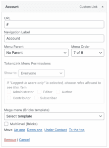 Parent “Account” menu item displayed to all users. Plugin Settings"