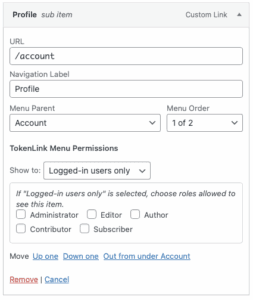 “Account” submenu item shown only to logged-in users. Plugin Settings"