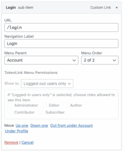 “Account” parent item with a “Login” submenu displayed to logged-out visitors. Plugin Settings"