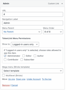 “Admin” menu item shown only to logged-in users with the Administrator role. Plugin Settings"